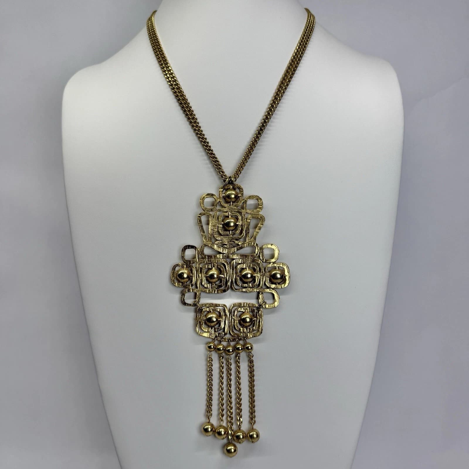 Art Deco Chunky Aztec Heavy Pendant Gold Tone Vintage Necklace Jewelry N241