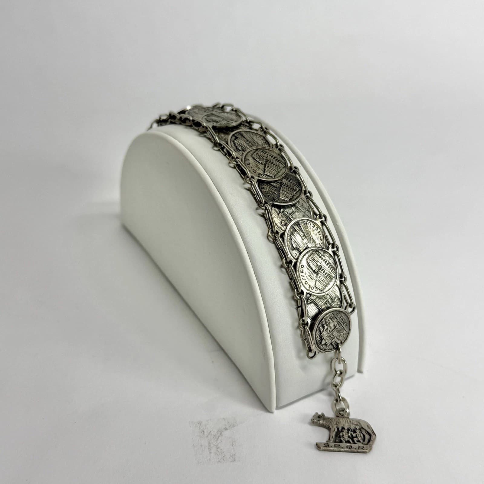 S.P.Q.R. Italian Roma Coin Charm Silver Tone Vintage Bracelet Jewelry Br190