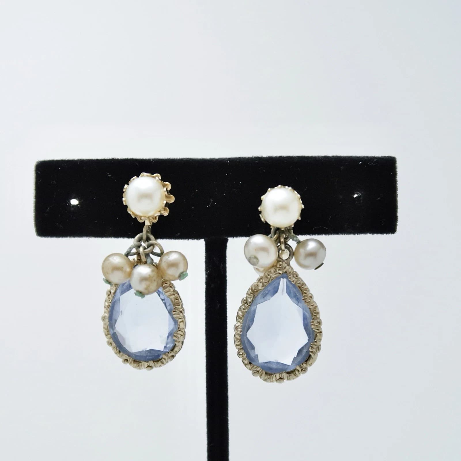 Faux Pearl Topaz Crystal Dangle Silver Tone Vintage Earring Jewelry E105