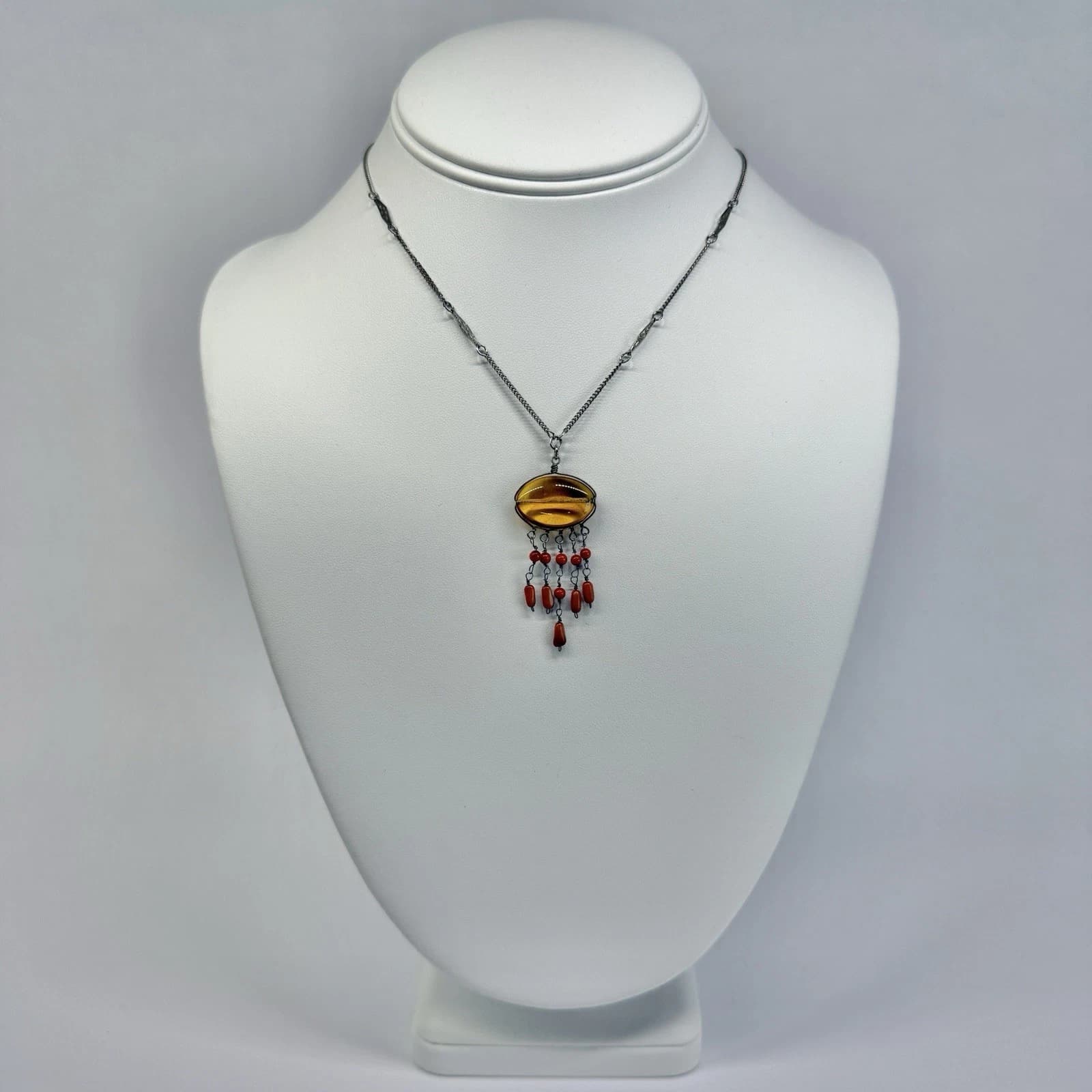 RACHEL Art Deco Faux Amber Cabochon Pendant Vintage Necklace Jewelry N726