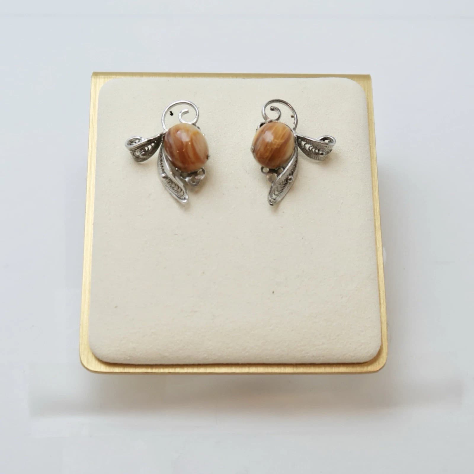 Sterling Silver Filigree Orange Shell Cabochon Vintage Earring Jewelry E34