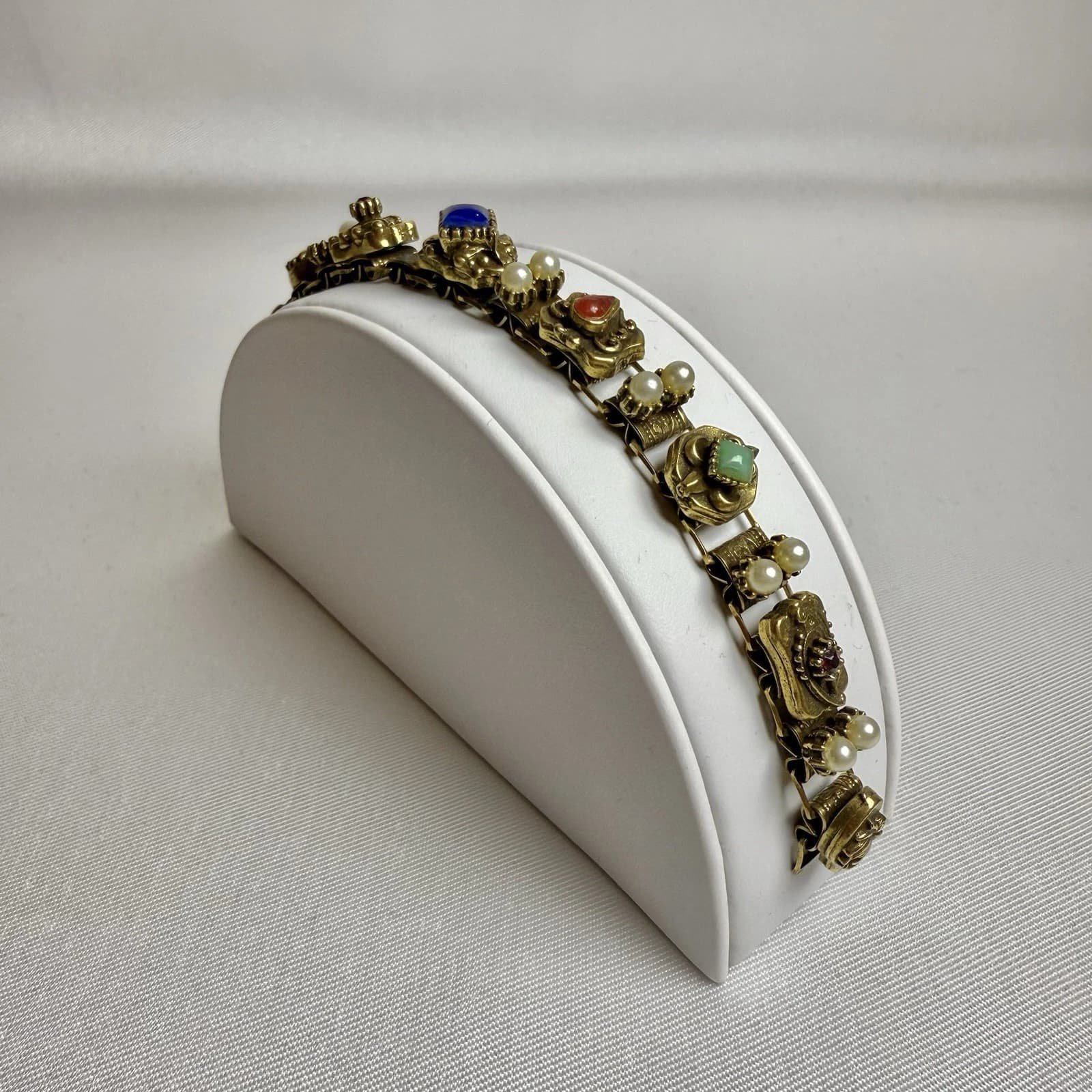 Victorian Revival Faux Pearl Lapis Jade Carnelian Charm Vintage Bracelet Br131