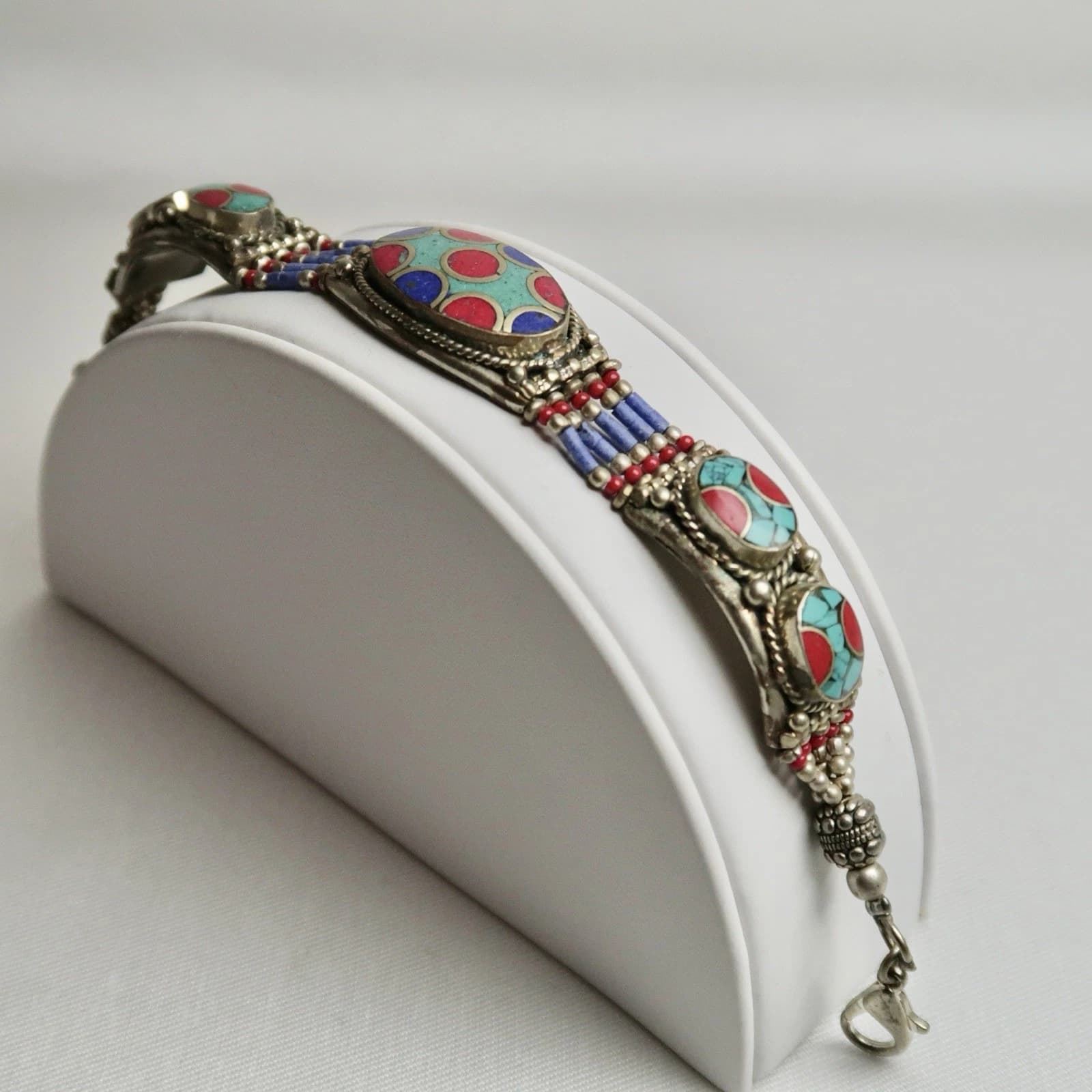 Tibetan Silver Nepali Turquoise Red Coral Vintage Bracelet Jewelry Br79