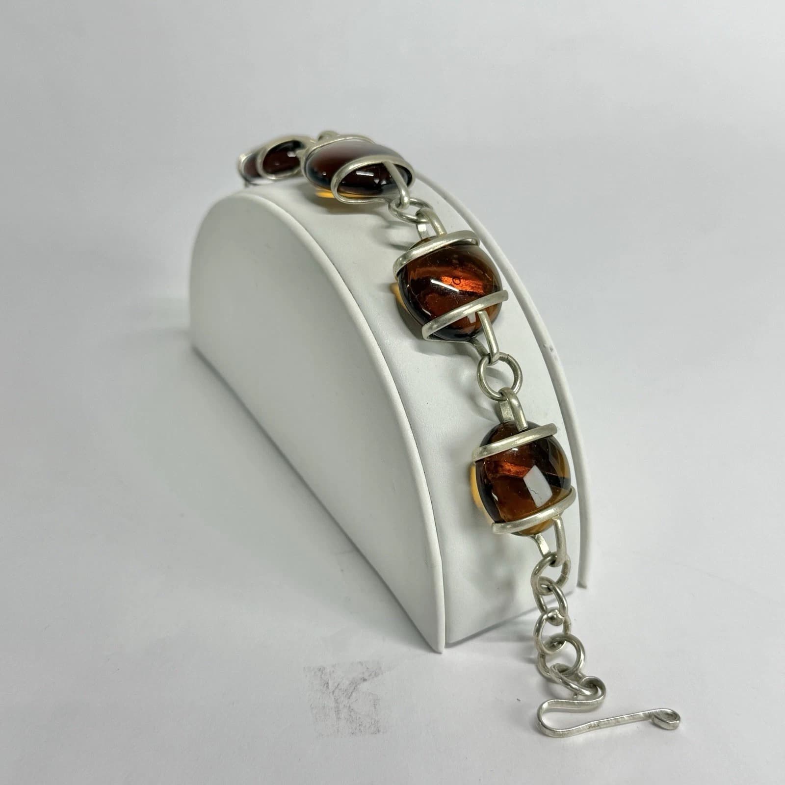 925 Sterling Silver Amber Glass Art Deco Vintage Bracelet Jewelry Br202