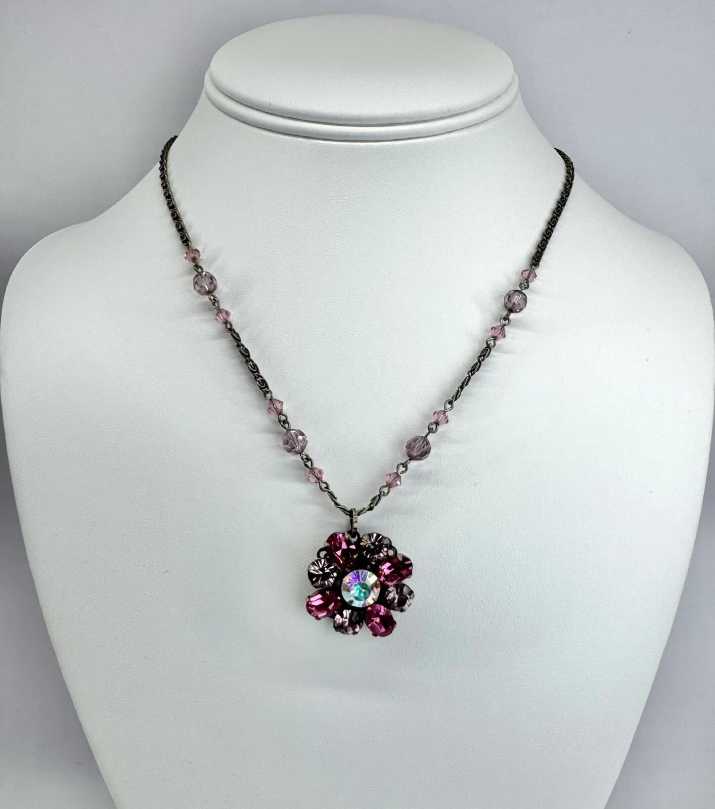 LIZ PALACIOS Brass Pink Swarovski Crystal Bead Floral Vintage Necklace N16