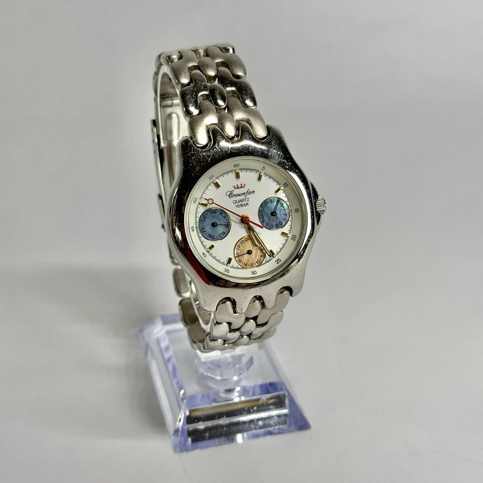 CROWNFAN Silver Tone Quartz Analog Men Vintage Watch W517 *WORKING