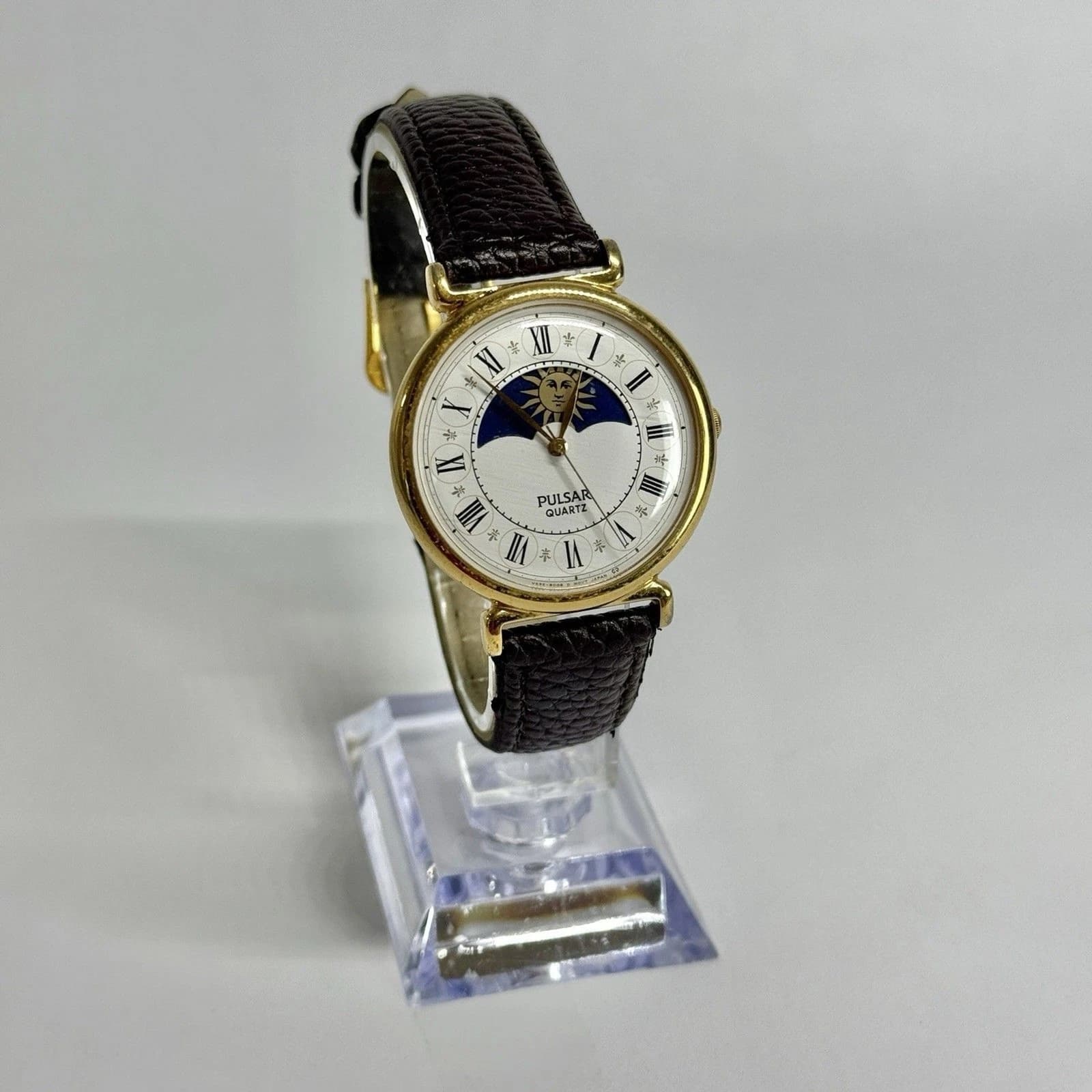 PULSAR “Da Vinci” Moonphase V535-8008 Gold Tone Men Vintage Watch W454 *WORKING