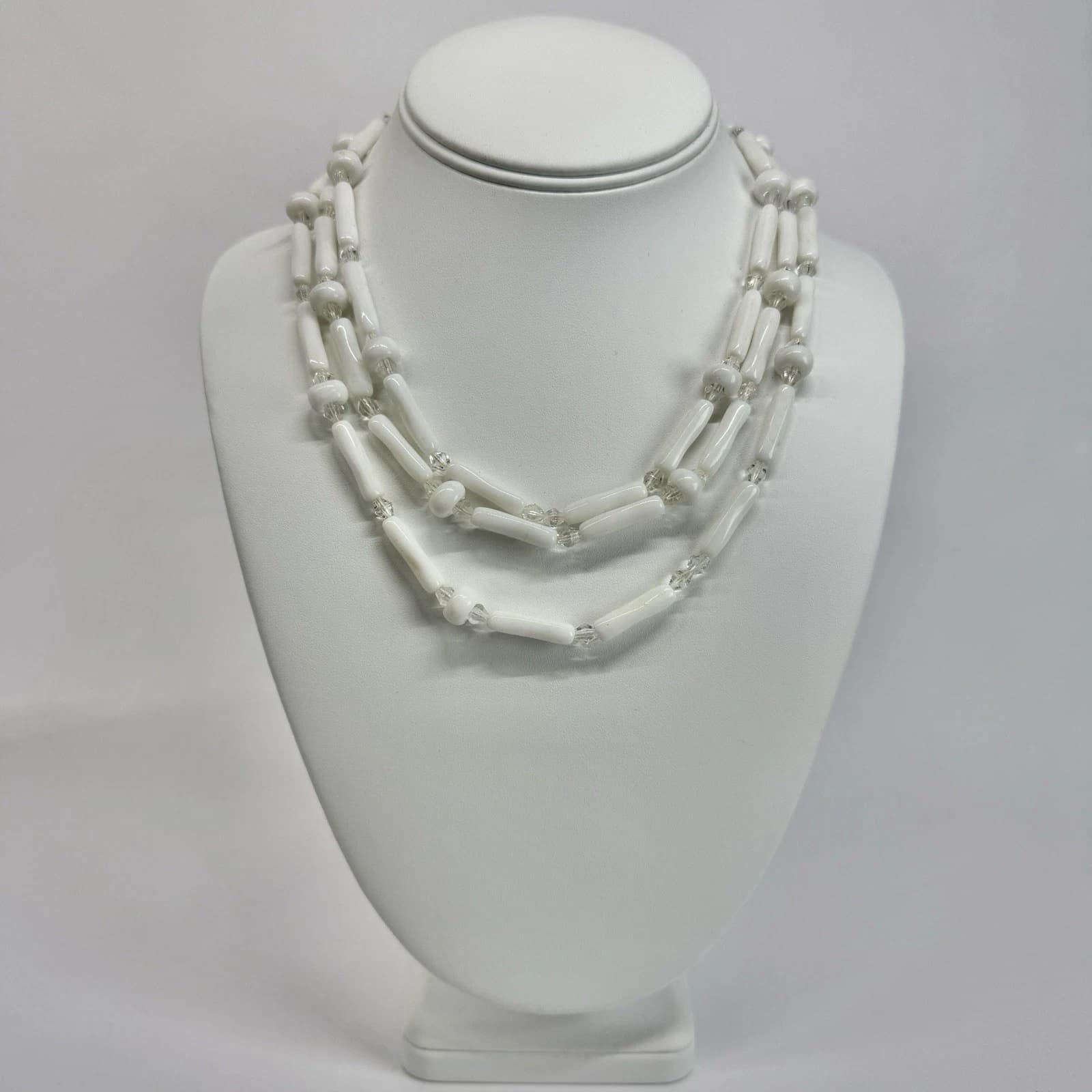WEST GERMANY Milk Glass Triple Strand Vintage Necklace Jewelry N419