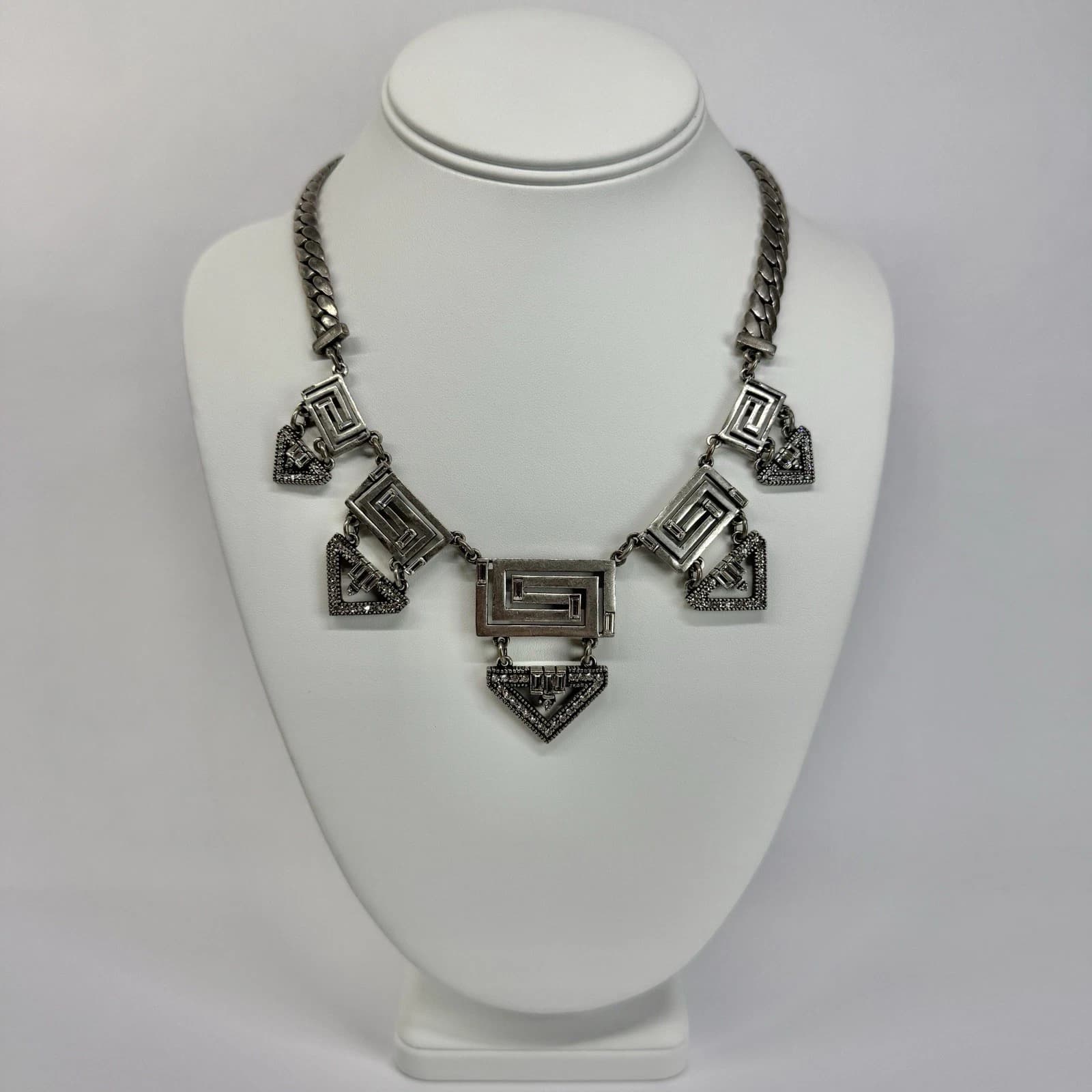 FROST Geometric Crystal Chain Bib Silver Tone Vintage Necklace Jewelry N634