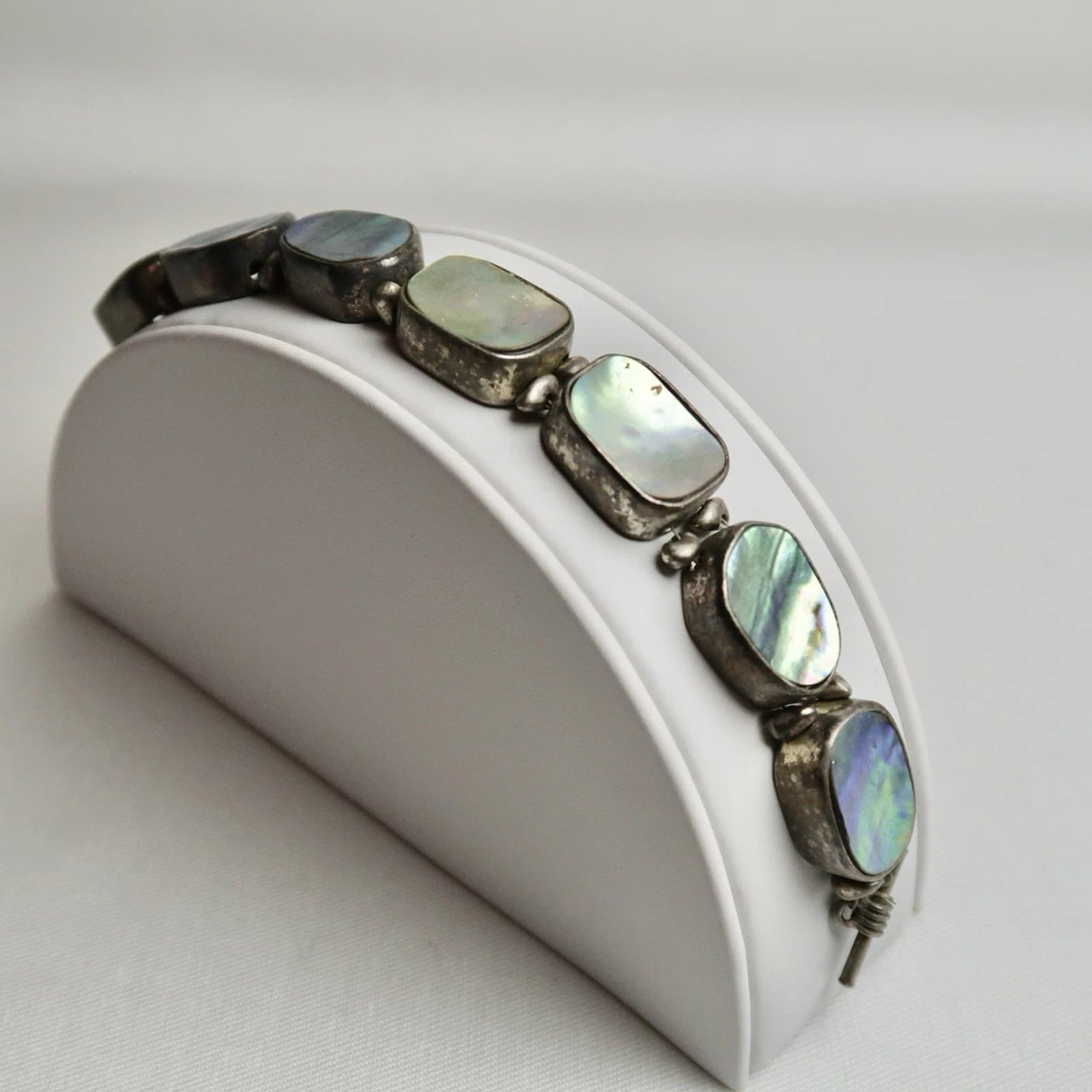 Silver & Mother of Pearl Abalone Shell Panels Vintage Bracelet Jewelry Br81