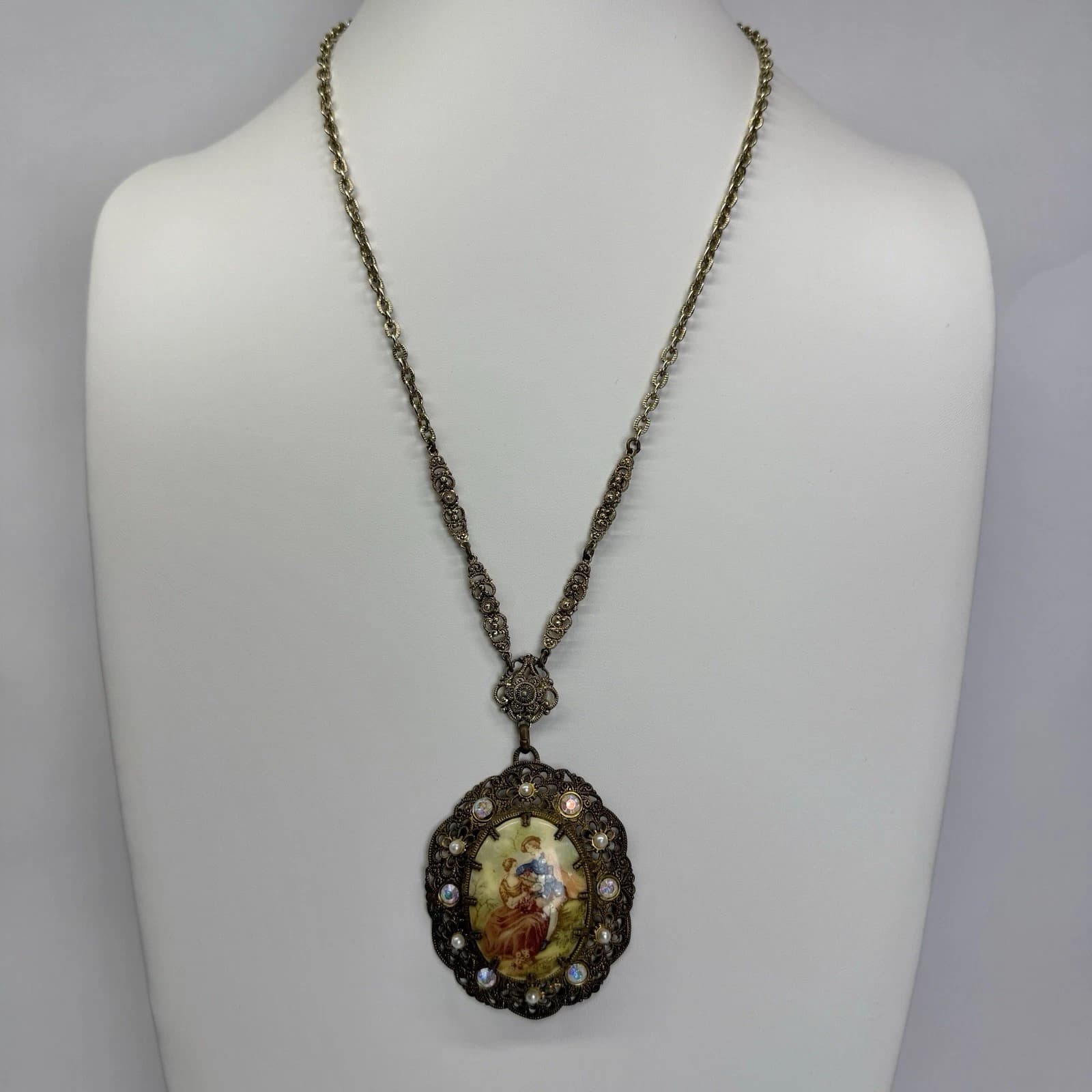 WEST GERMANY Courting Couple Filigree Brass Vintage Necklace Jewelry N254