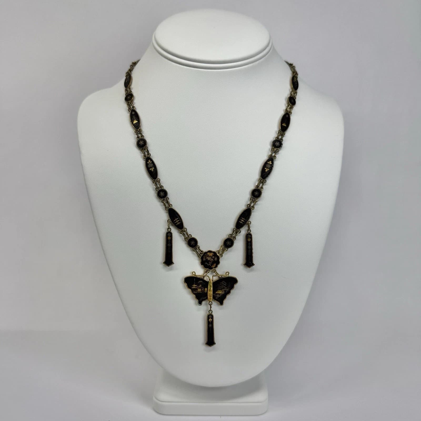 Japanese Damascene 24K Gold Inlay Butterfly Vintage Necklace Jewelry N330