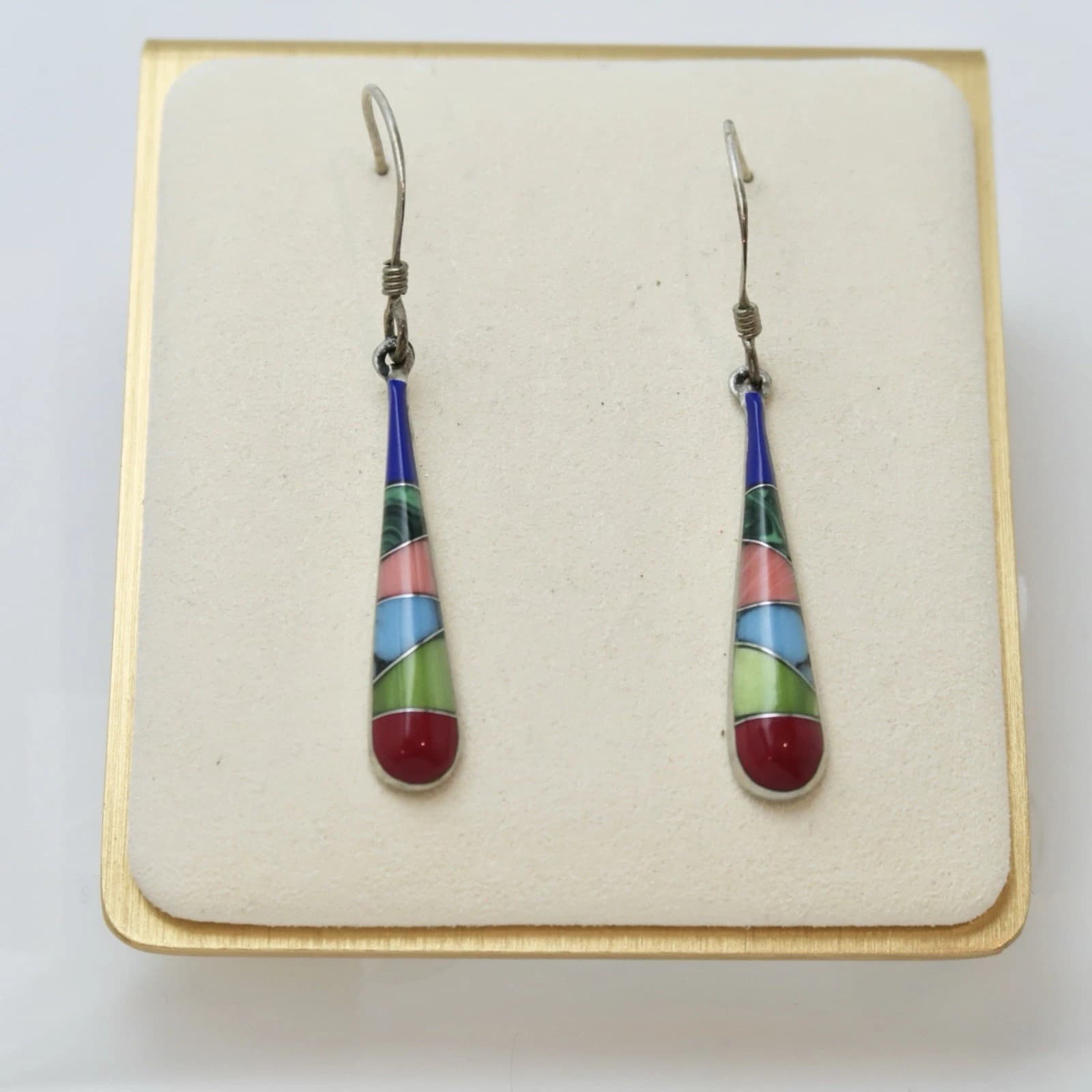 Long Multicolor Teardrop Southwest-Style Silver Tone Vintage Earring Jewelry E88