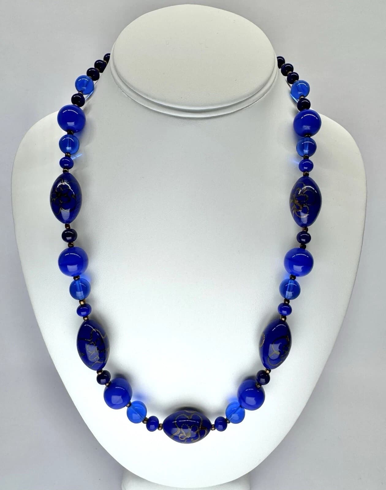Italian Murano Blue & Gold Millefiori Glass Bead Vintage Necklace Jewelry N76
