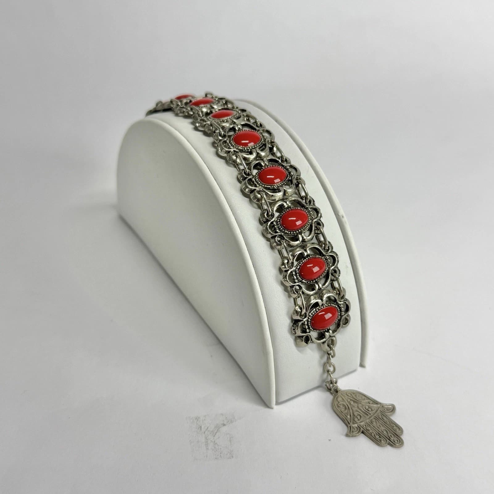 Elegant Hand of Fatima Stone Cabochon Silver Tone Vintage Bracelet Jewelry Br207