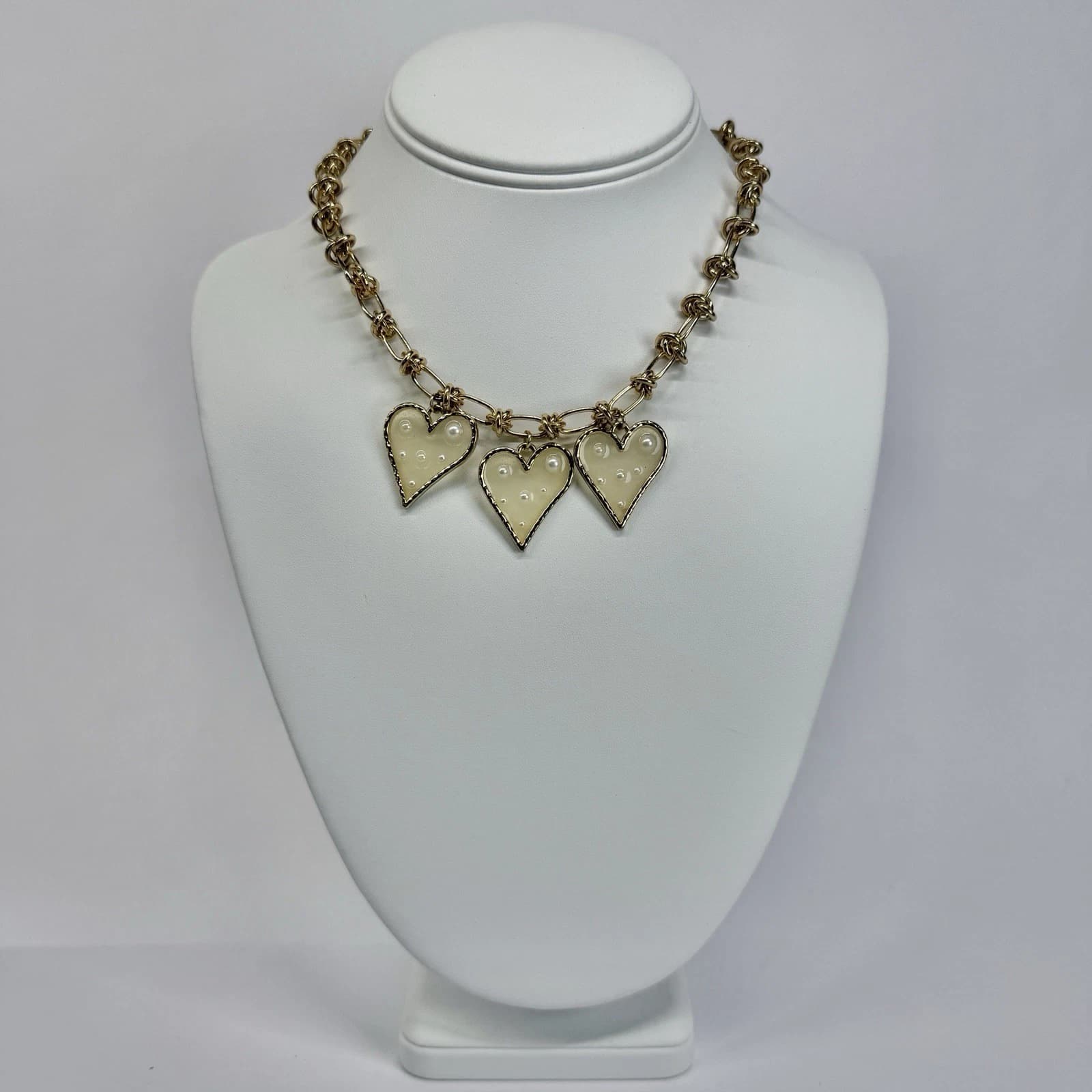 Dangling Enamel Heart Charms Pearl Accents Vintage Necklace Jewelry N498