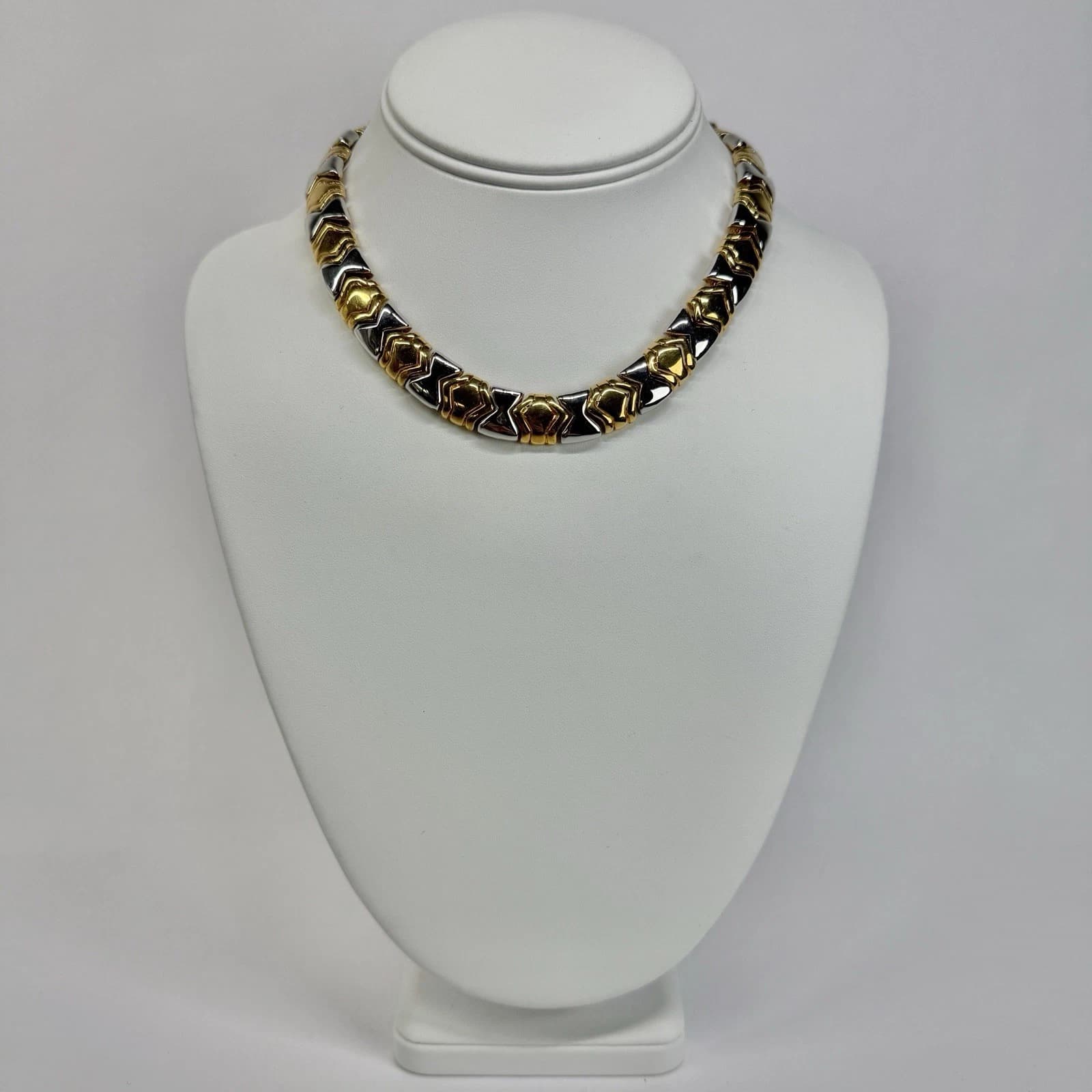 Elegant Panel Link Chain Choker Two Tone Vintage Necklace Jewelry N464
