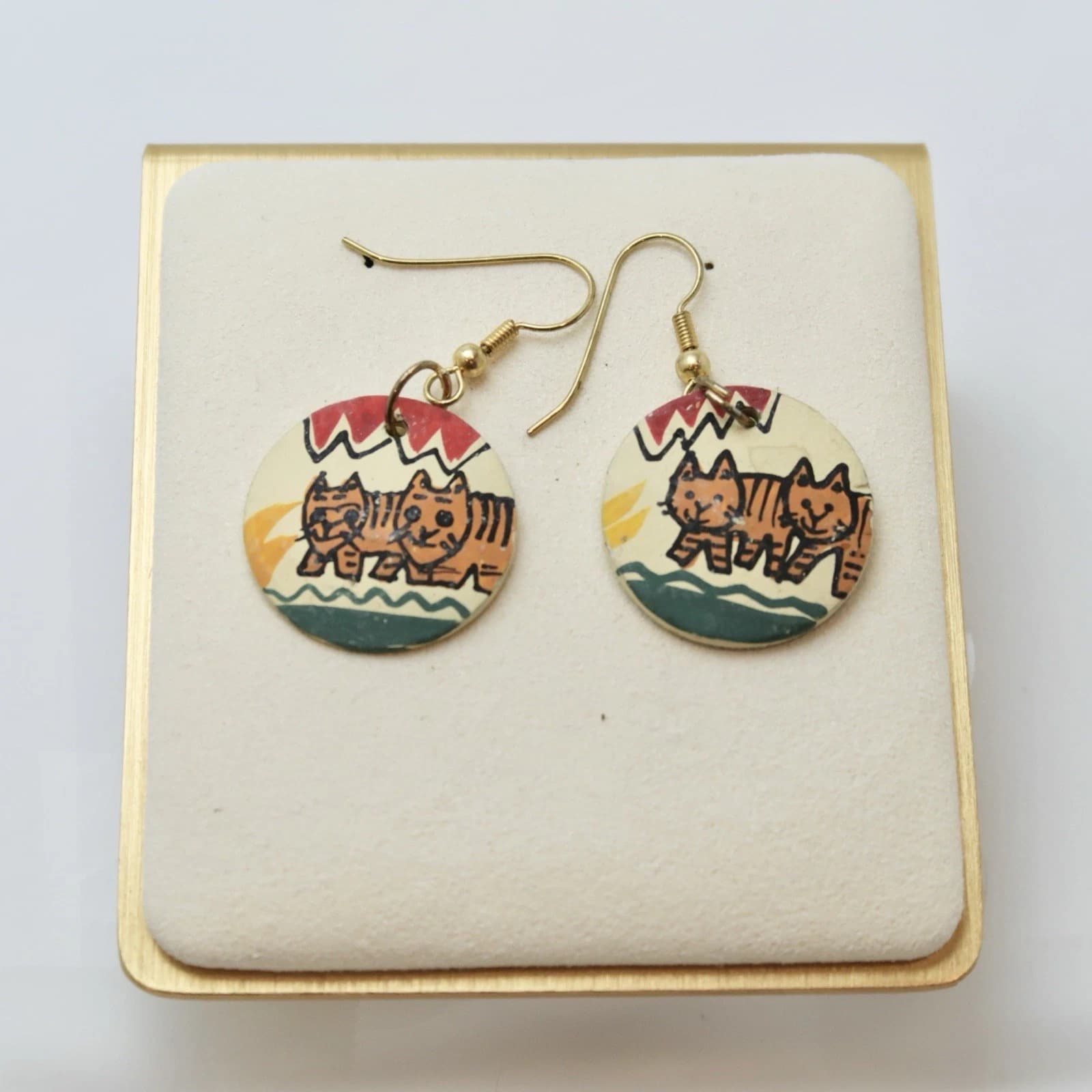 Handmade Orange Tabby Cat Dangle Vintage Earring Jewelry E21
