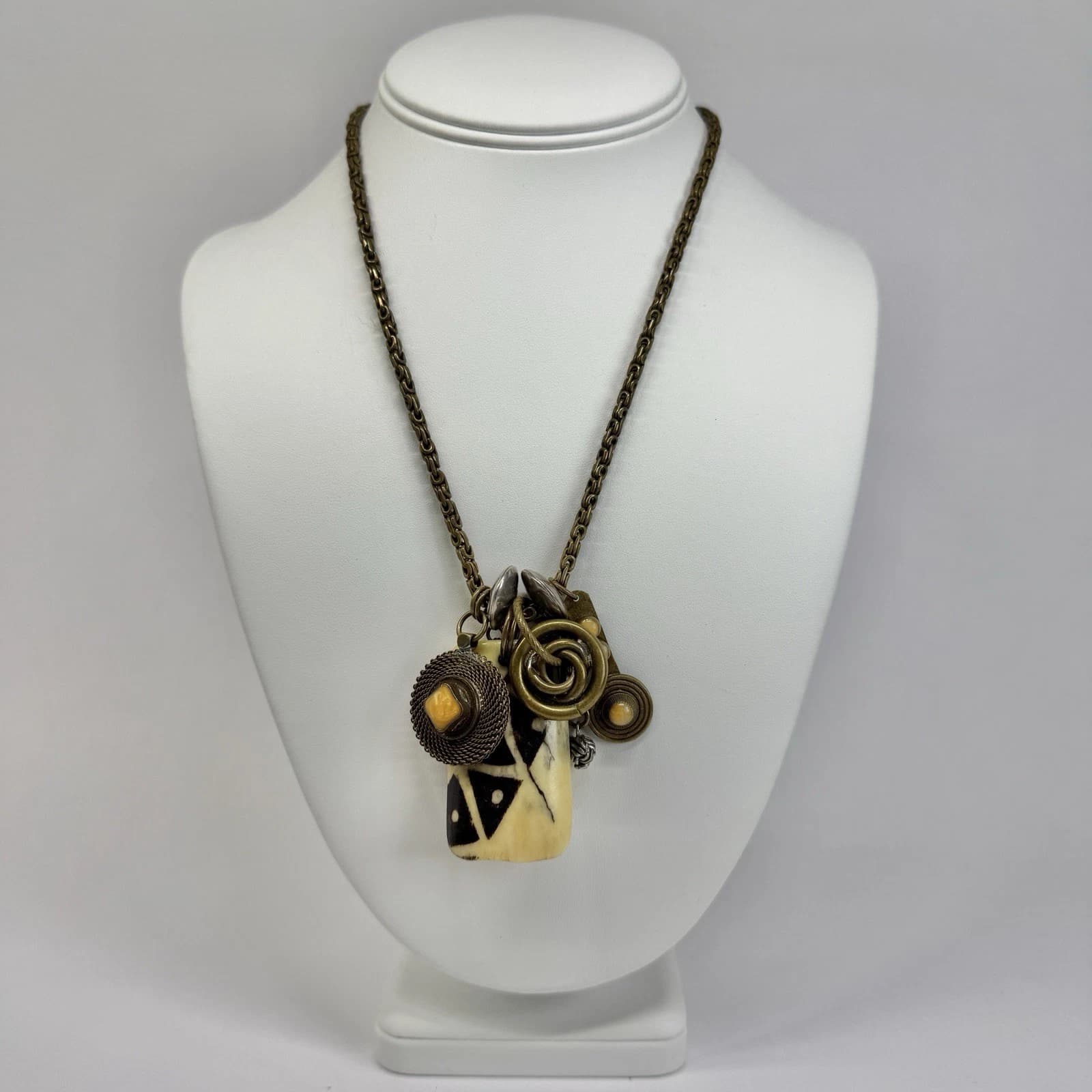 Handmade Multi-Pendant Brass Wood Boho Vintage Necklace Jewelry N382