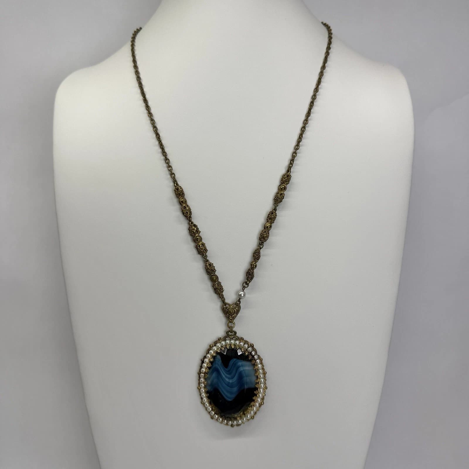 WEST GERMANY Blue Cabochon Filigree Brass Vintage Necklace Jewelry N252