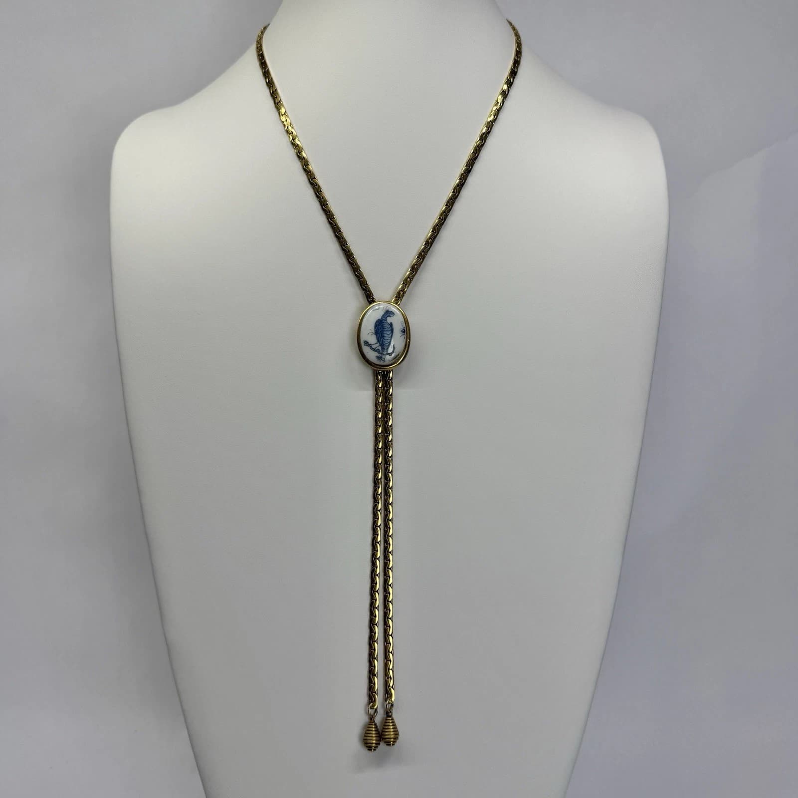 GOLDETTE Peacock Porcelain Lariat Gold Tone Vintage Necklace Jewelry N224