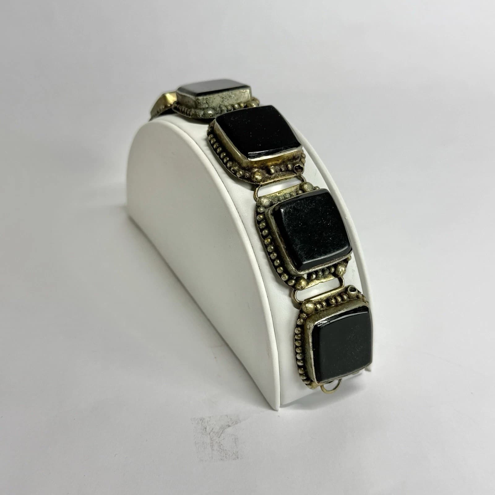 Tibetan Black Onyx Panel Link Silver Tone Vintage Bracelet Jewelry Br182