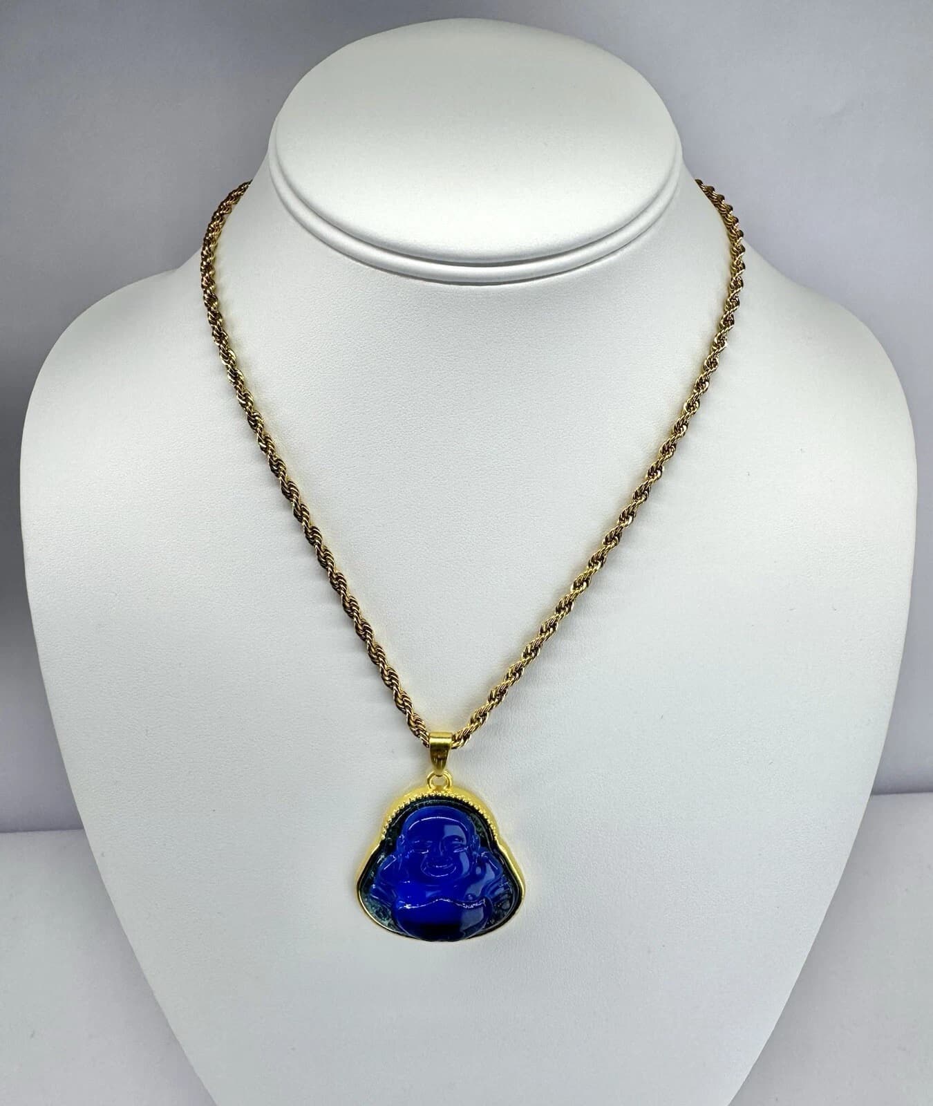 Royal Blue Iced Buddha Pendant Stainless Steel Rope Chain Necklace Jewelry N3