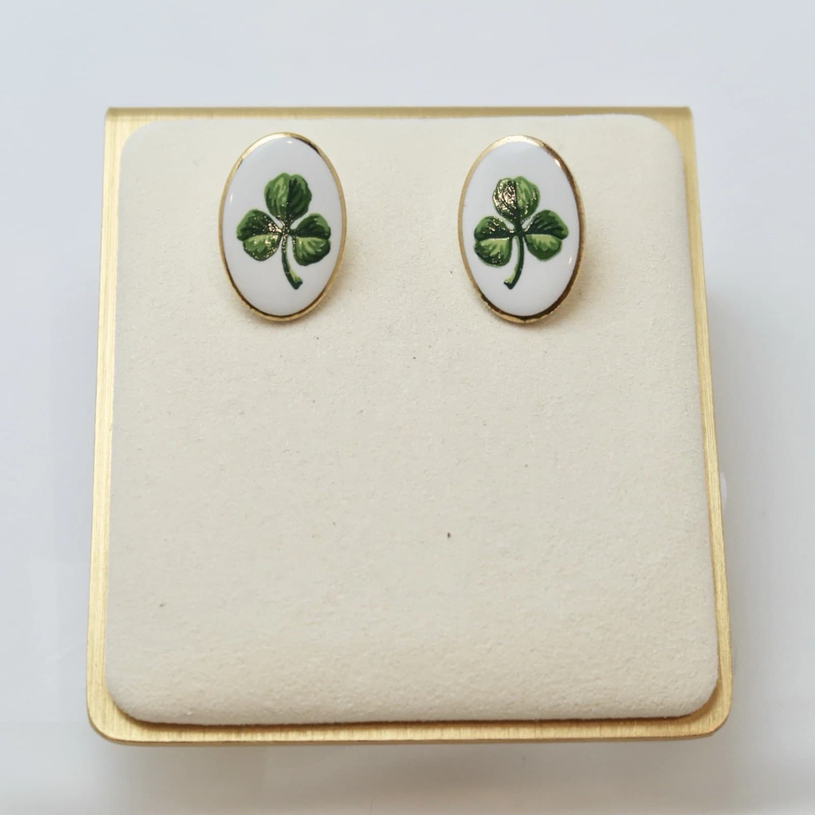 Porcelain Shamrock 4 Leaf Clover Gold Tone Vintage Earring Jewelry E23