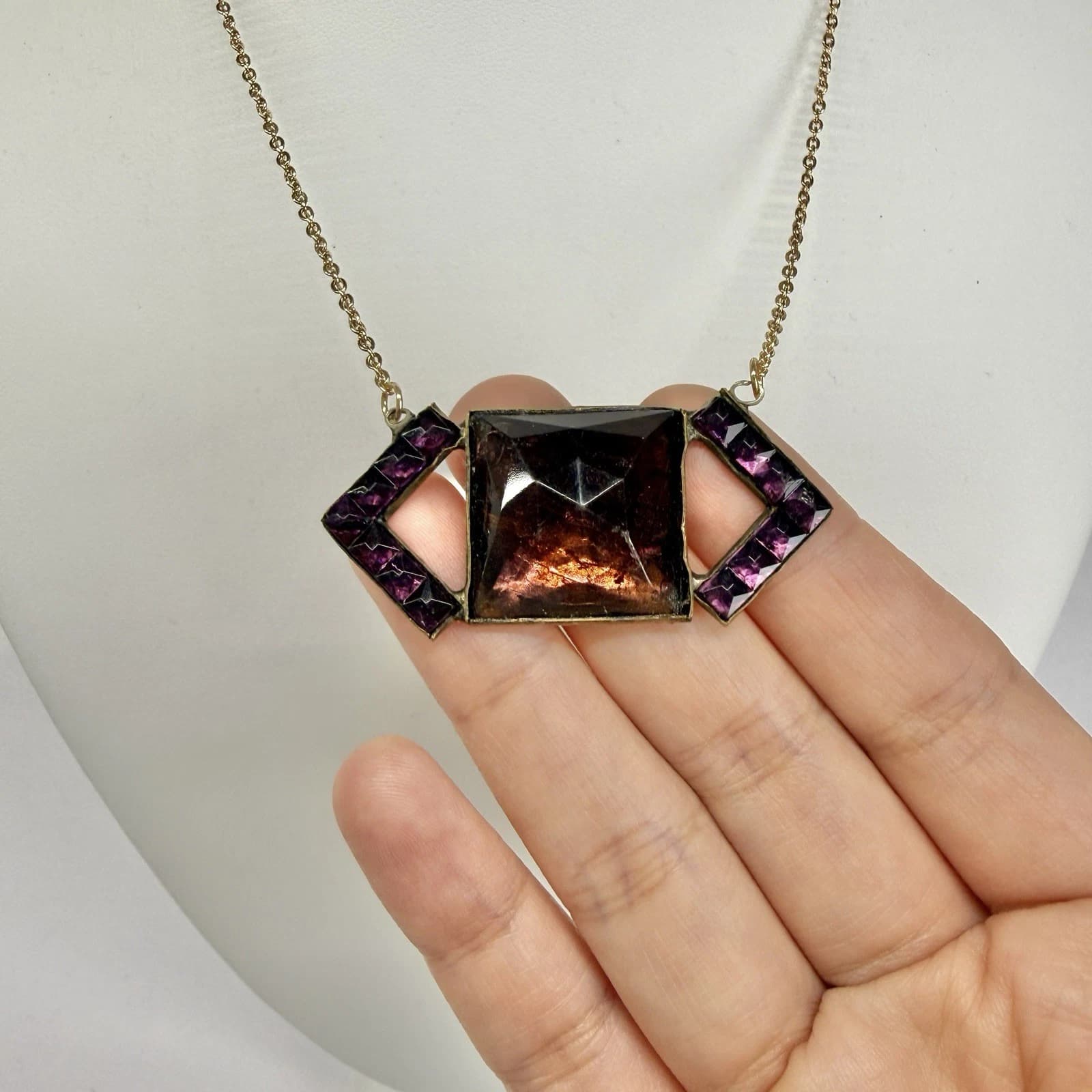 Art Deco Czech Amethyst Purple Glass Brass Vintage Necklace Jewelry N430