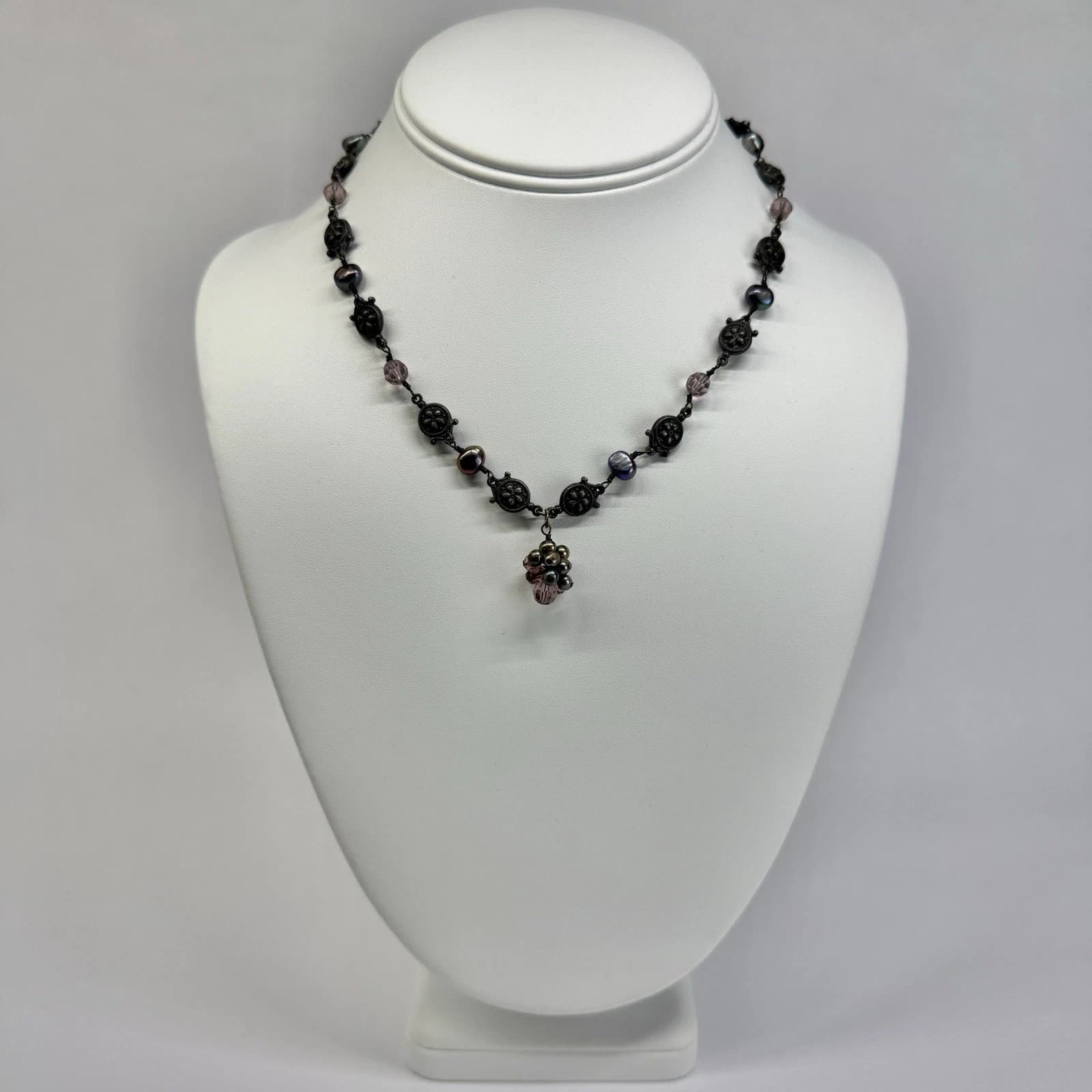 KERRI LINDEN Floral Crystal Art Deco Freshwater Pearls Vintage Necklace N716