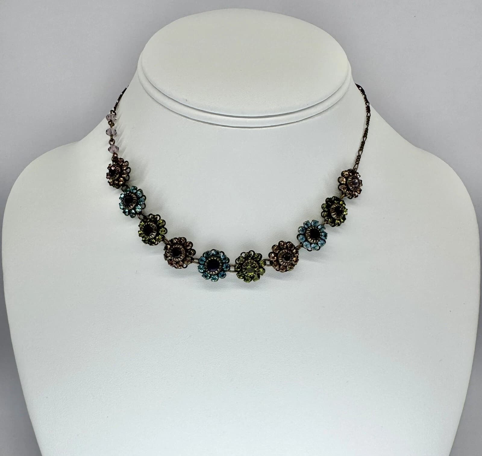 LIZ PALACIOS Brass Multicolor Swarovski Crystal Bead Floral Vintage Necklace N15