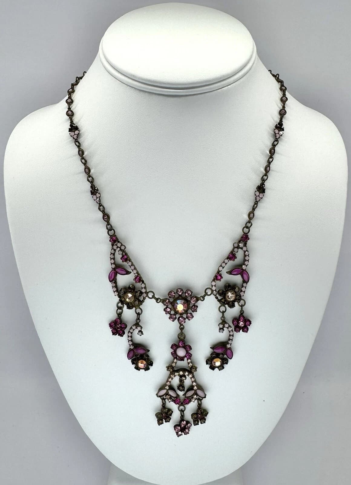 SORRELLI Swarovski Crystal Pink Floral Brass Bib Vintage Necklace Jewelry N33