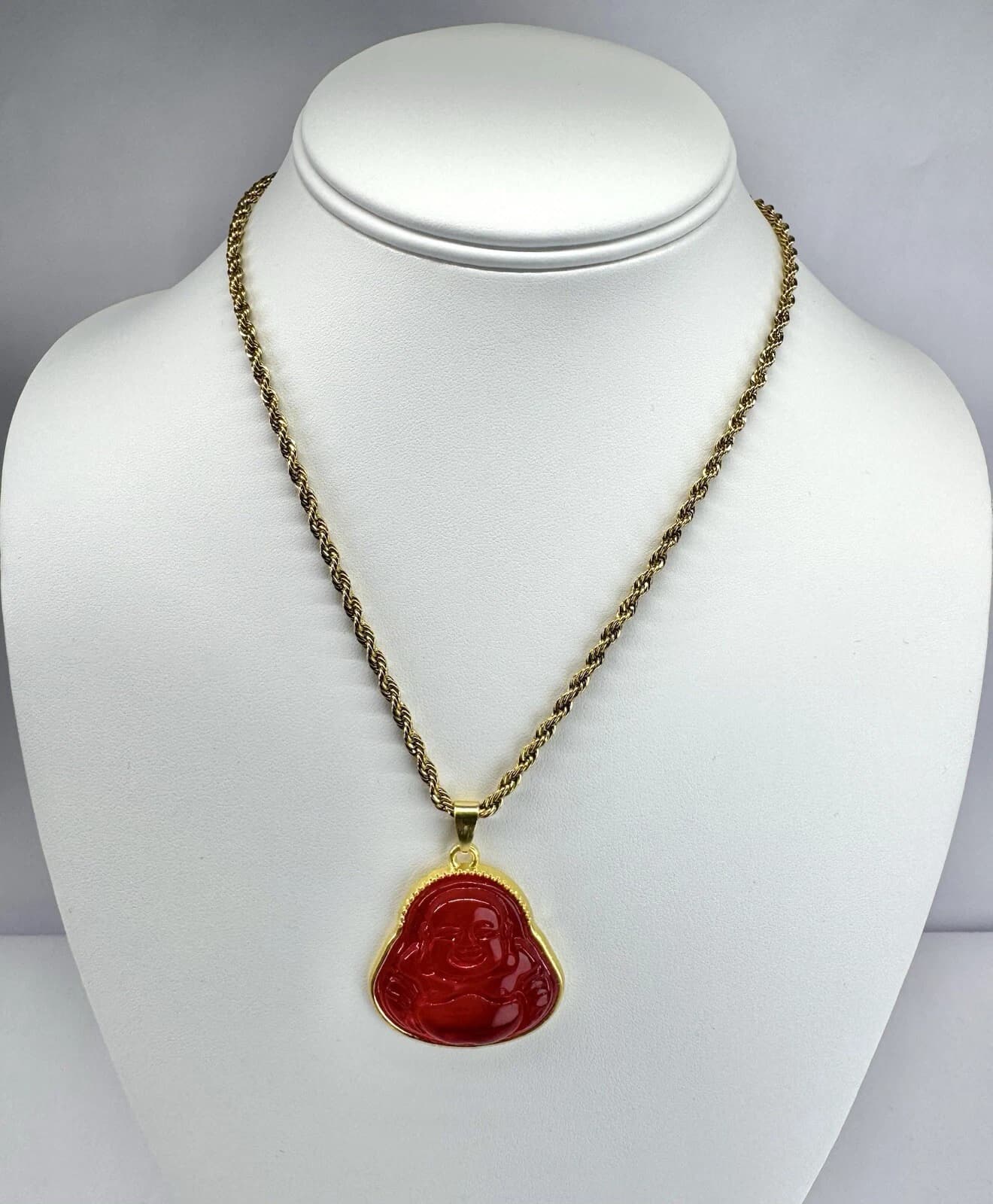 Red Iced Buddha Pendant Stainless Steel Rope Chain Necklace Jewelry N4