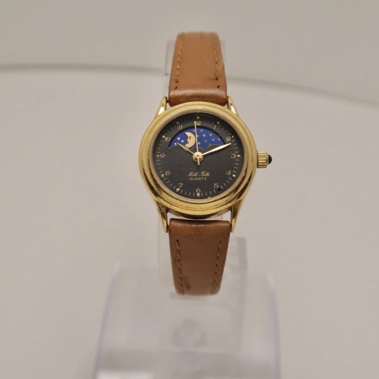 MILLE FILLE Moon Phase Gold Tone Women Quartz Vintage Watch W149 *WORKING