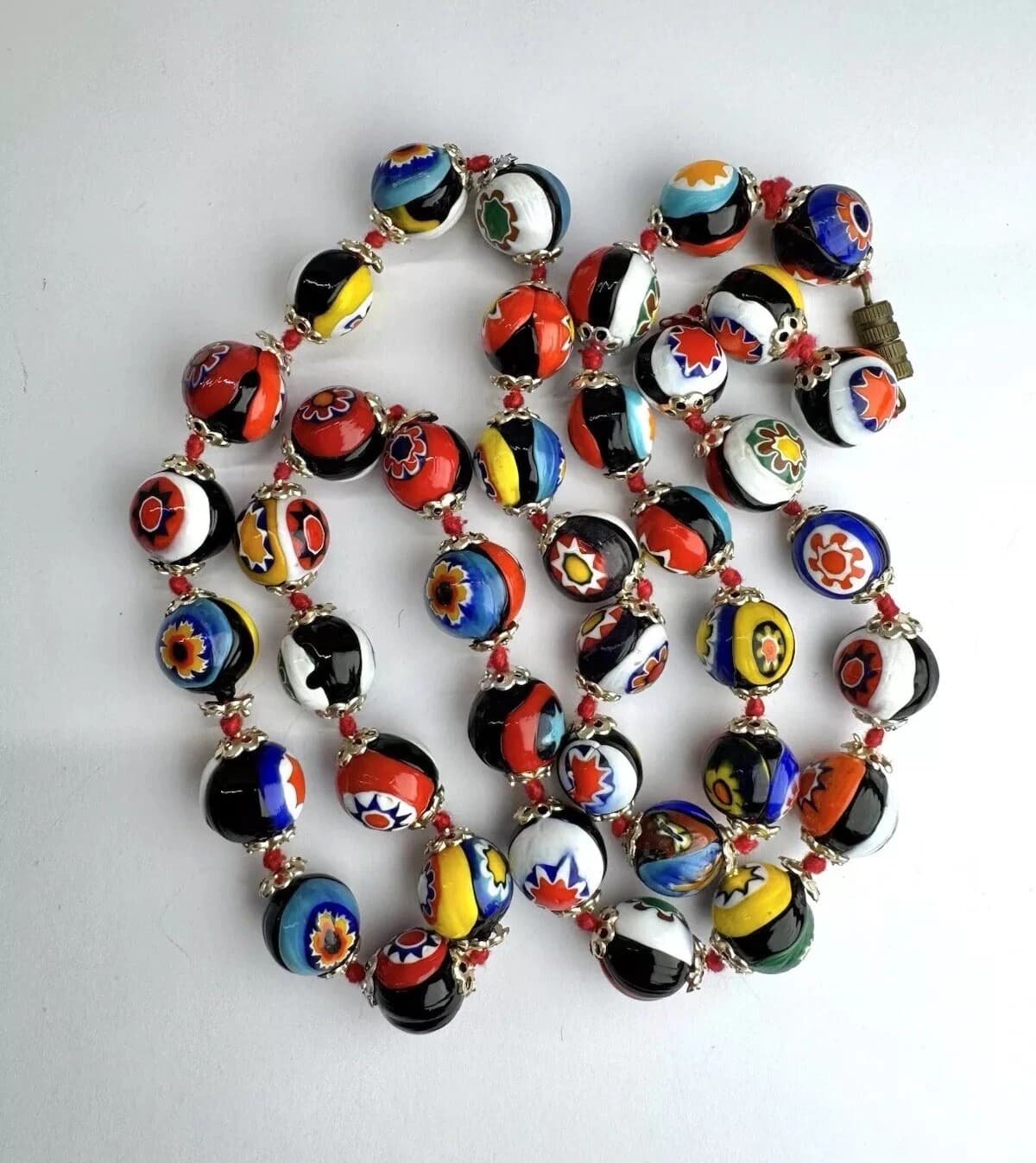 Italian Murano Hand Knot Millefiori Glass Bead Vintage Necklace Jewelry N75 24”