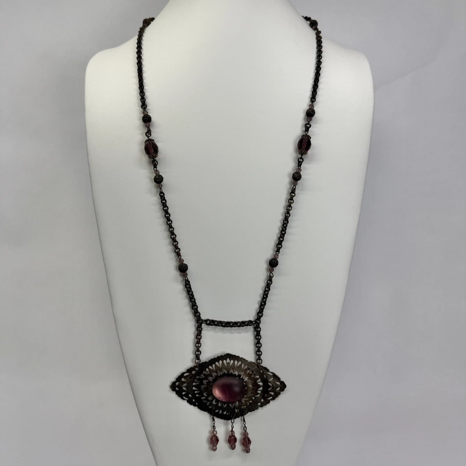 Brass Filigree Oval Purple Glass Medieval Vintage Necklace Jewelry N214