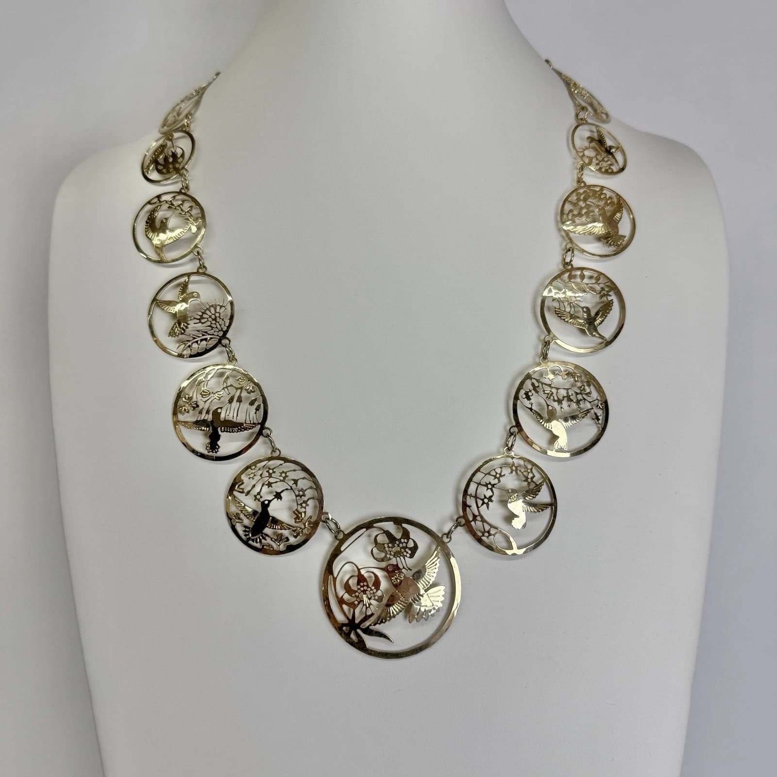 WILD BRYDE Hummingbird Floral Statement Gold Tone Vintage Necklace Jewelry N299