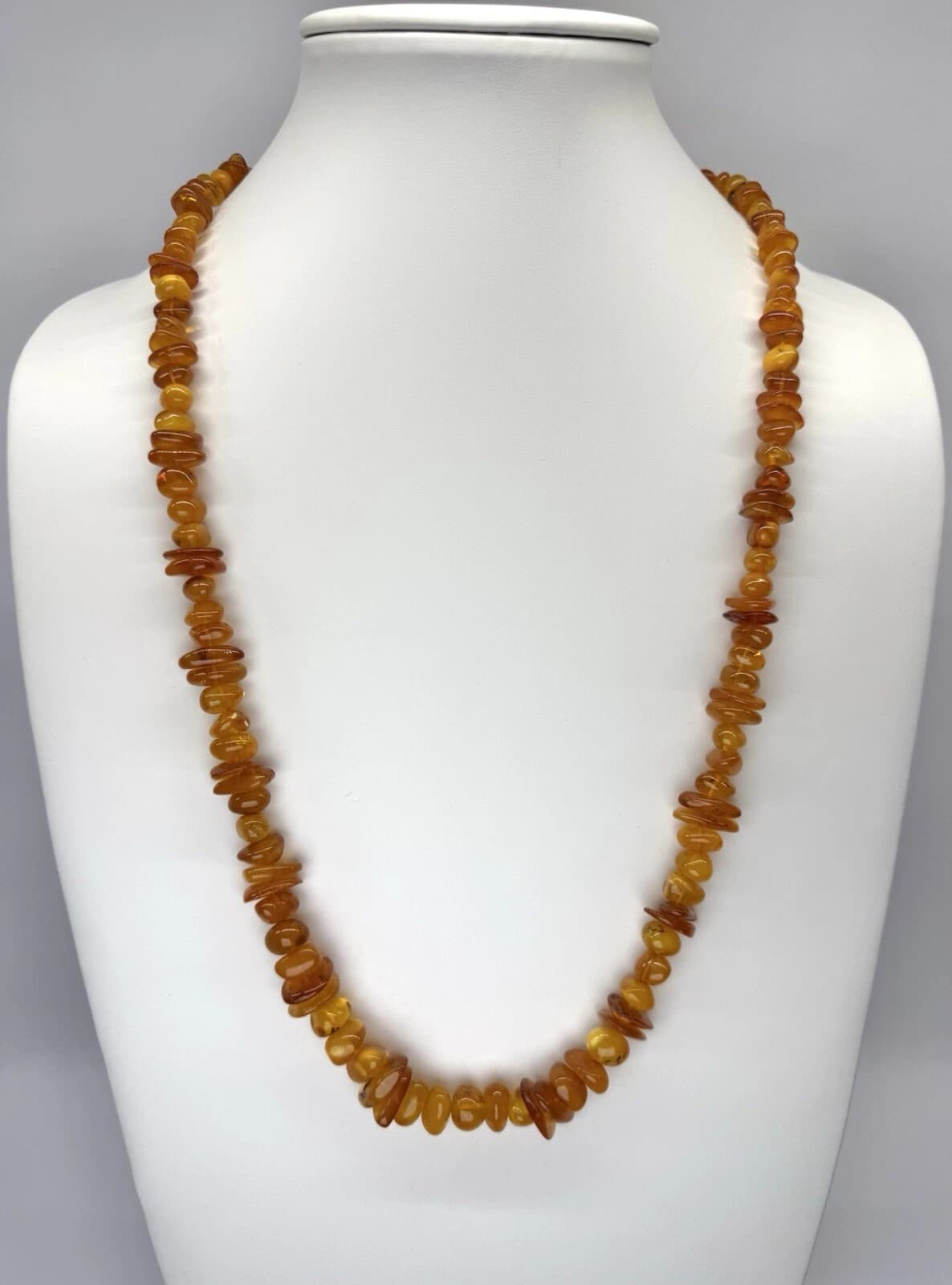 Baltic Cognac Amber Natural Pebble Bead Hand Knotted Vintage Necklace N72 26”