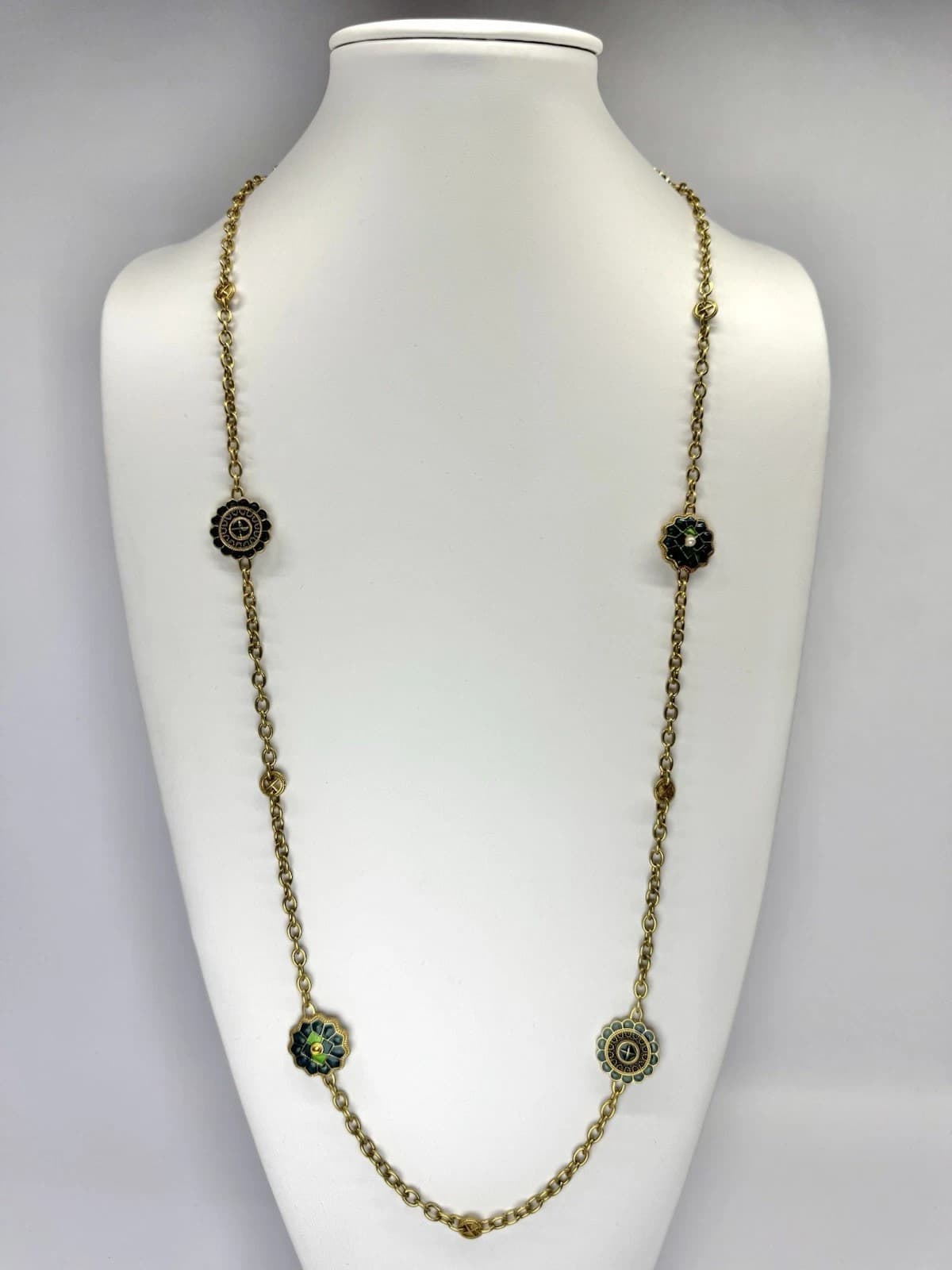 MMA Floral Enamel Pendant Reversible Gold Tone Vintage Necklace Jewelry 32” N146