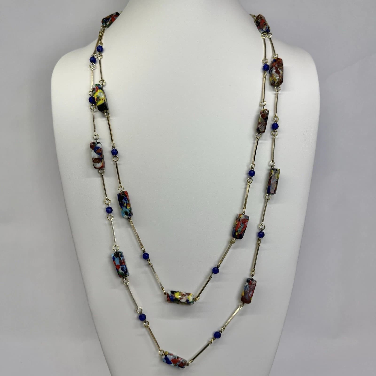 Italian Venetian Murano Glass Millefiori Gold Tone Vintage Necklace Jewelry N197