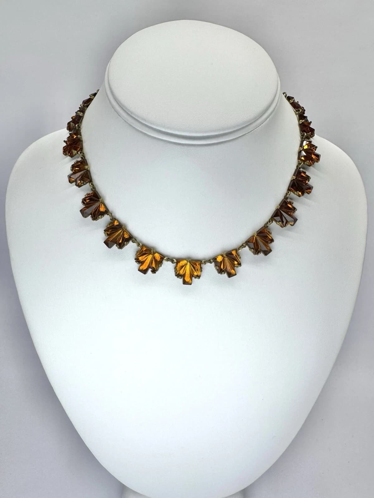 CZECH Vauxhall Cognac Glass Art Deco Faceted Brass Vintage Necklace Jewelry N94