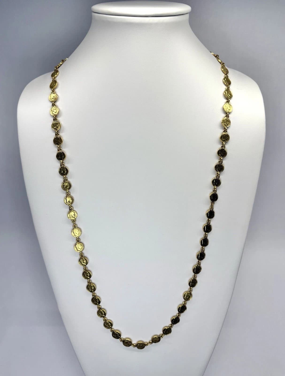 Unsigned Mini Coin Gold Tone Elegant Long Necklace Jewelry 34” N154