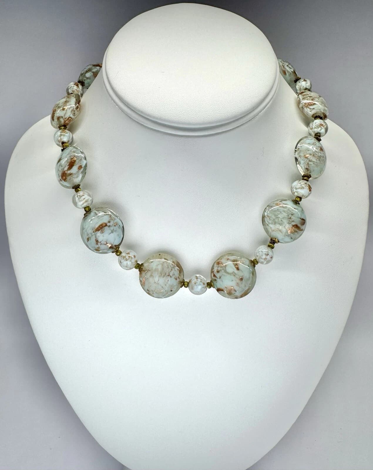 Italian Murano Aqua & Gold Millefiori Glass Bead Vintage Necklace Jewelry N79