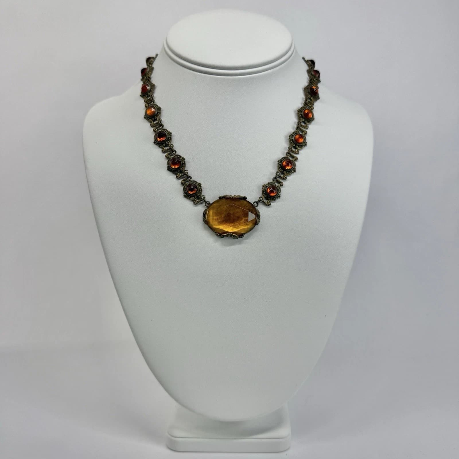 Art Deco Czech Amber Glass Faceted Brass Filigree Vintage Necklace Jewelry N393