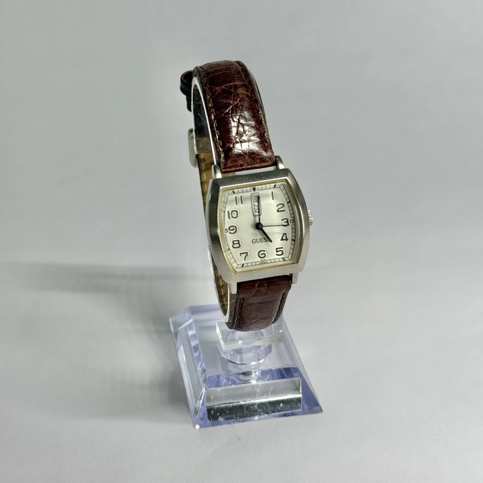 GUESS Tank Analog Quartz Silver Tone Women Vintage Watch W667 *WORKING