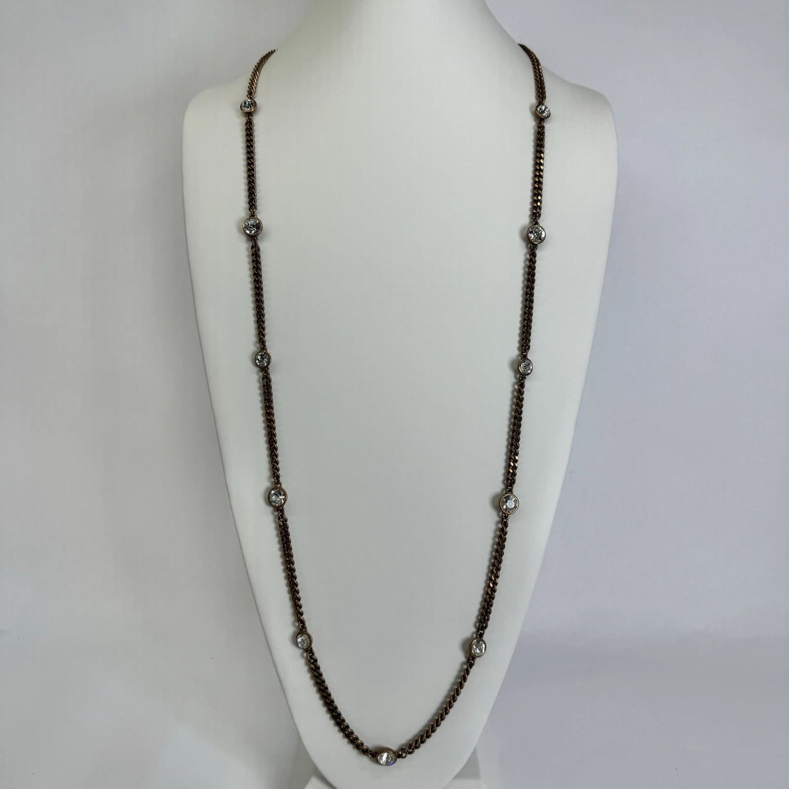 GIVENCHY Long Station Bezel Crystal Bronze Tone Vintage Necklace Jewelry N322