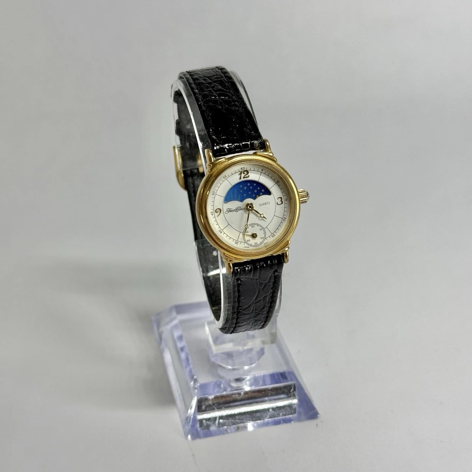 FIRST CLASS 181-149 Moon Phase Gold Tone Women Vintage Watch W632 *WORKING