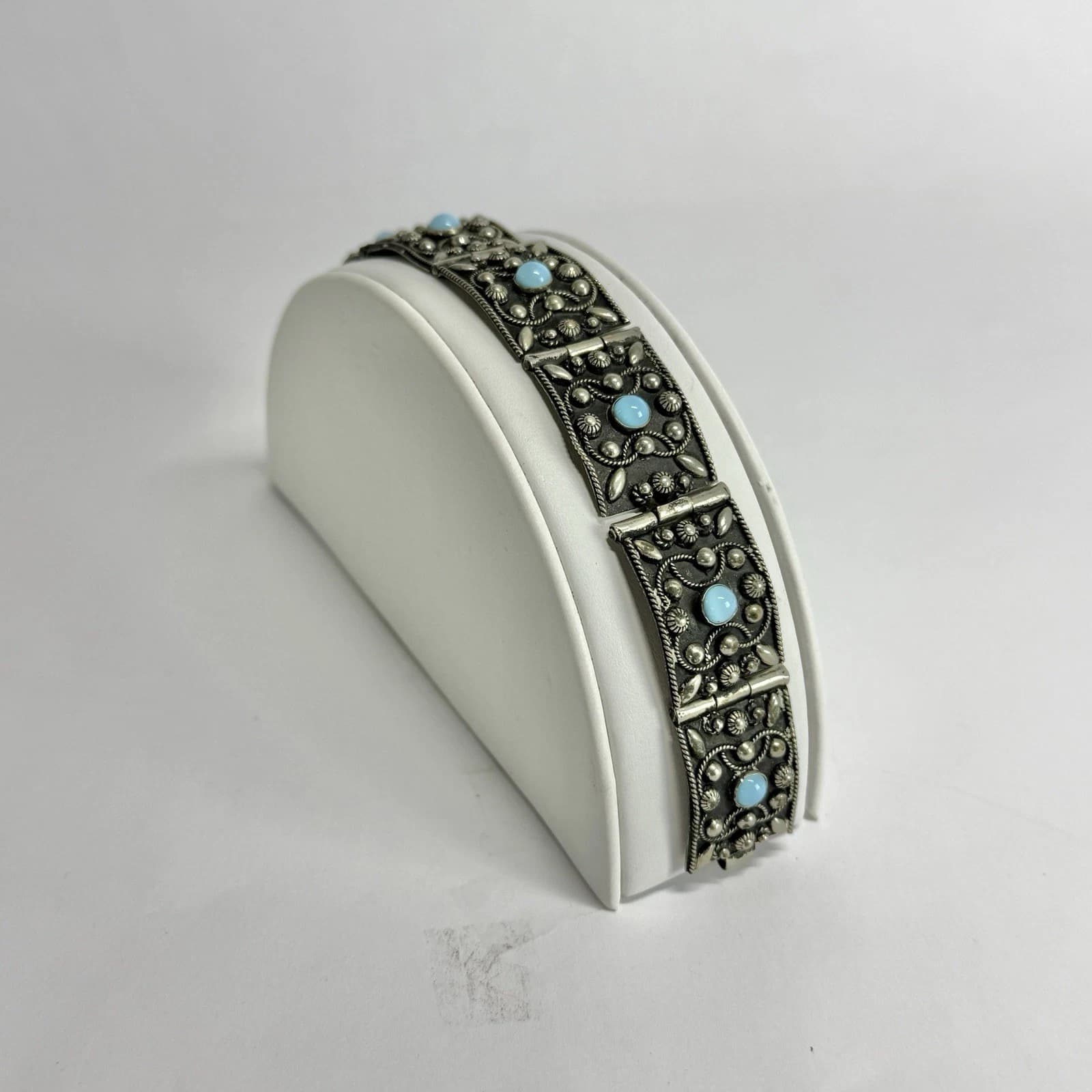 Etruscan Revival Turquoise Glass Silver Tone Vintage Bracelet Jewelry Br195