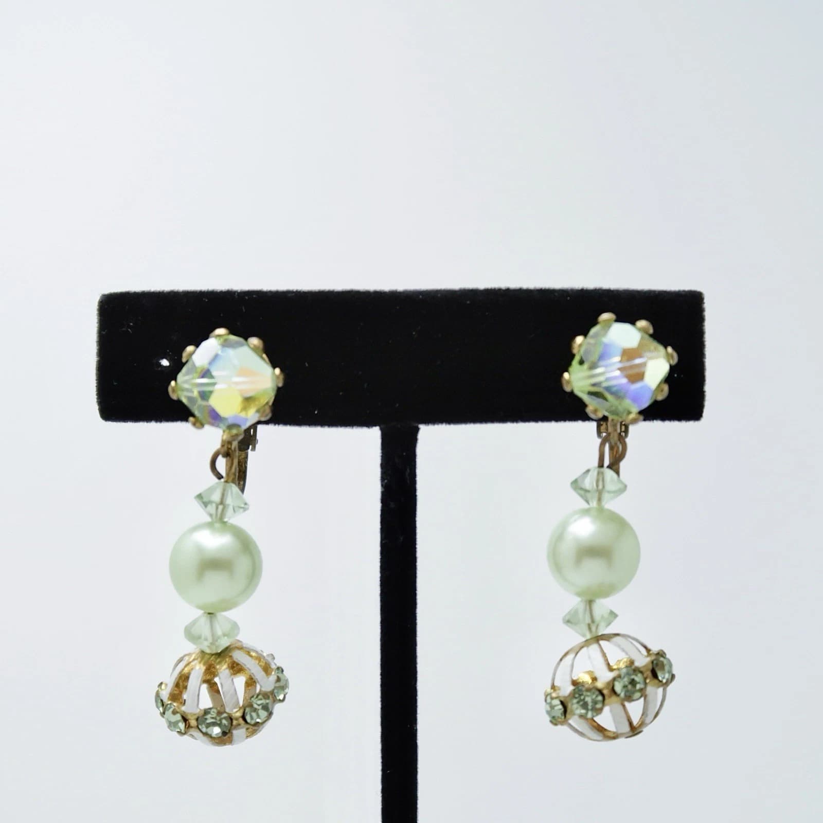 Elegant AB Green Glass Crystal Drop Faux Pearl Vintage Earring Jewelry E93