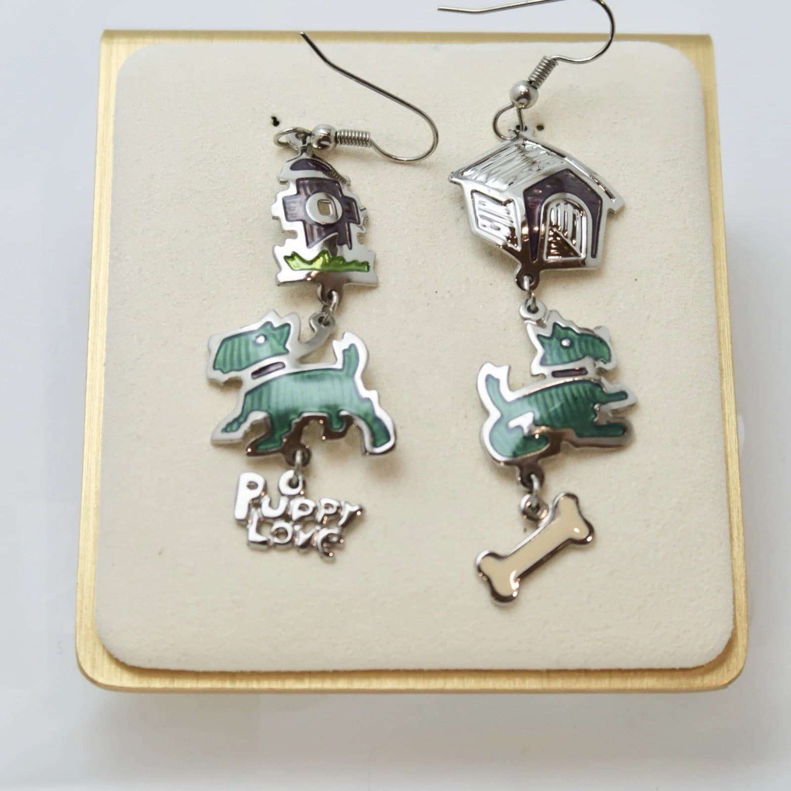 EDGAR BEREBI Dog Enamel Large Dangle Silver Tone Vintage Earring Jewelry E87